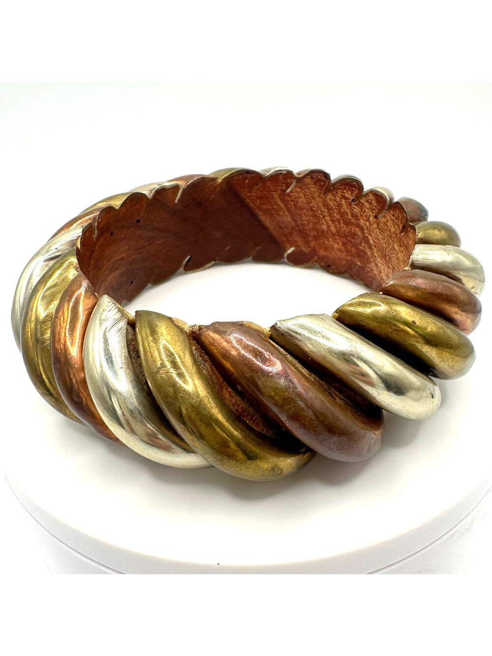 Vintage wooden tri-tone copper bronze nickel statement chunky bangle bracelet
